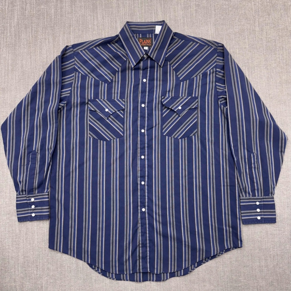 Plains Western Wear Mens Large Navy Blue Striped Pearl Snap Long Sleeve Shirt